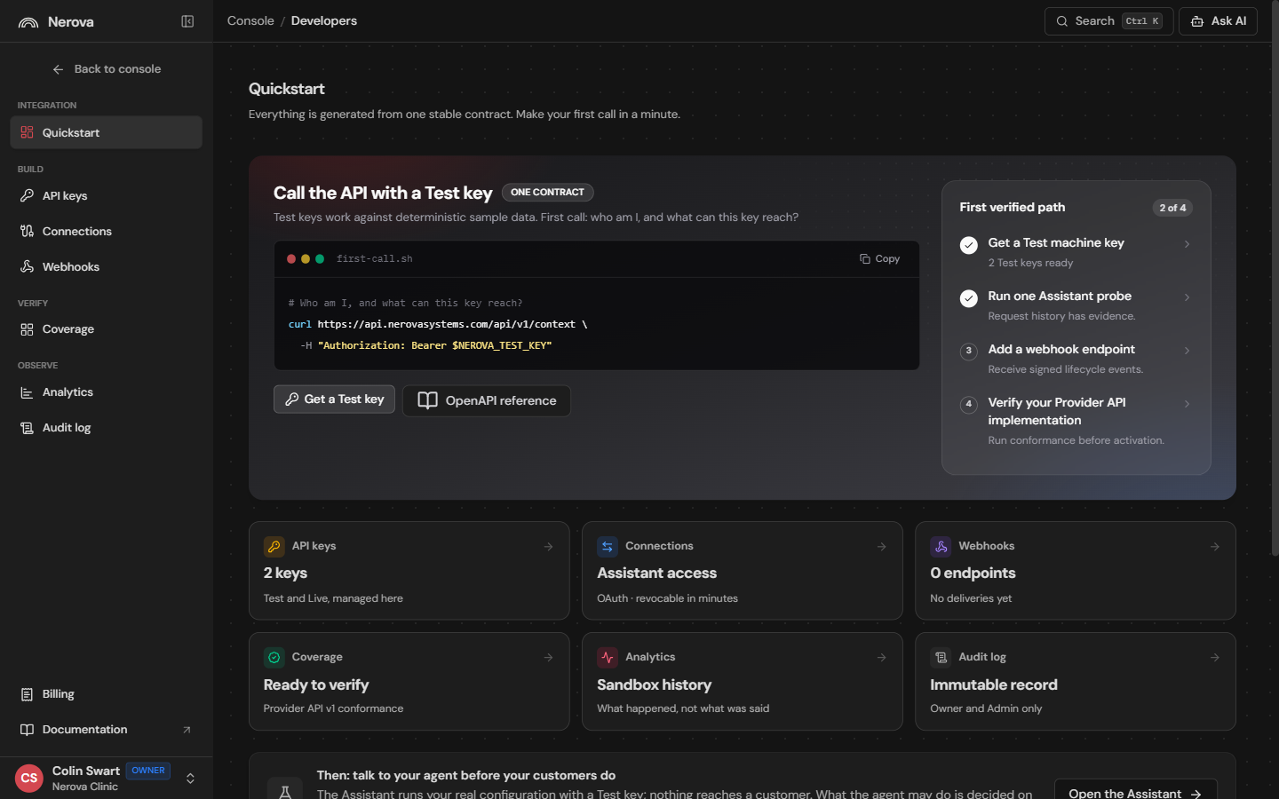 The Developers Quickstart panel in the console