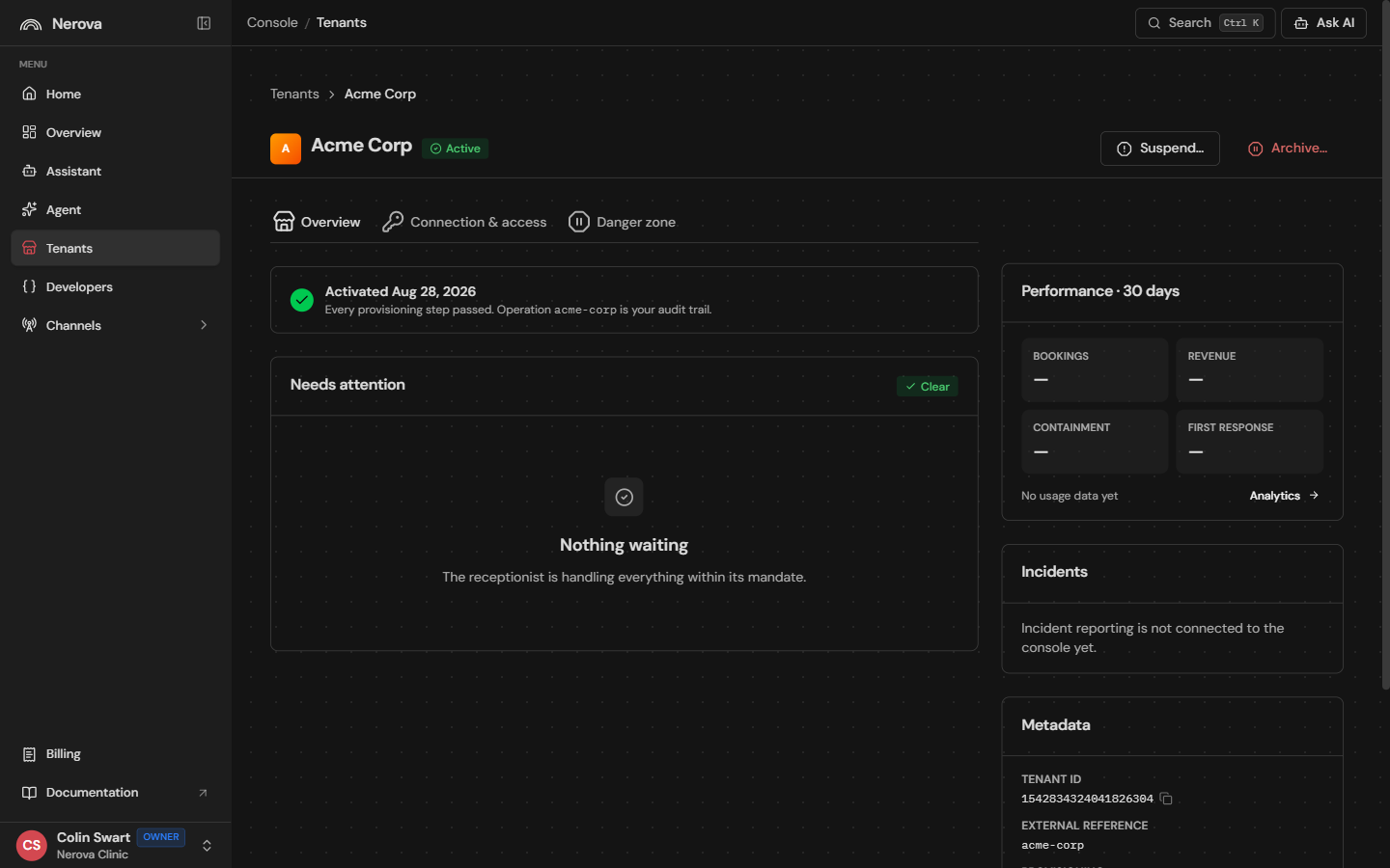 A tenant detail page in the console